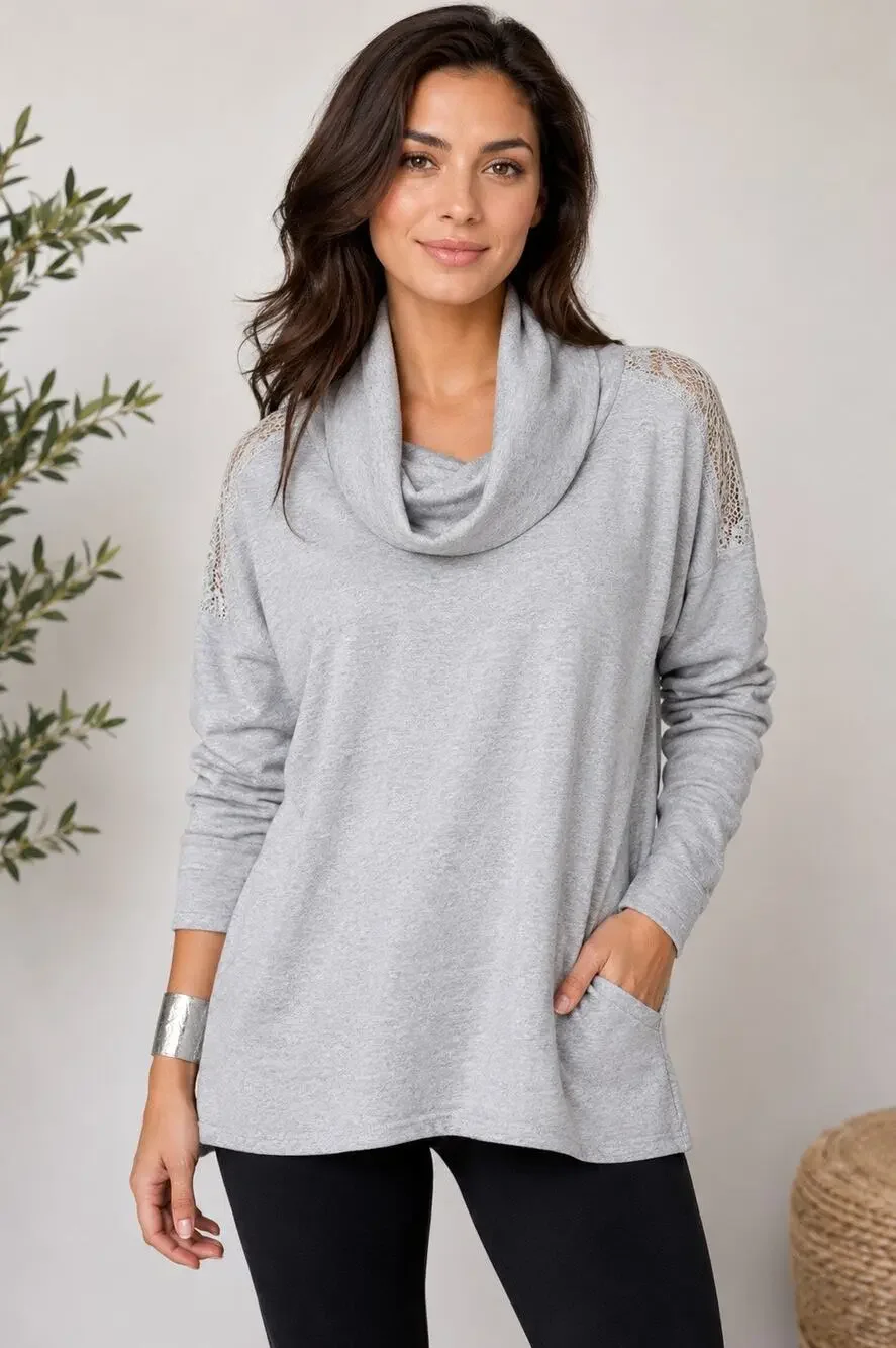 H Halston Light Heather Gray Cowl Neck Lace Shoulder Sweater, Size Large, NWT